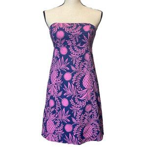 Lilly Putlizer Southlake Pineapple Navy Pink Strapless Dress Size 6 EUC